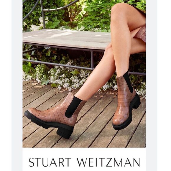 Stuart Weitzman Norah Chelsea Boots Tan Croc Leather, New, Size 11C - Picture 1 of 10